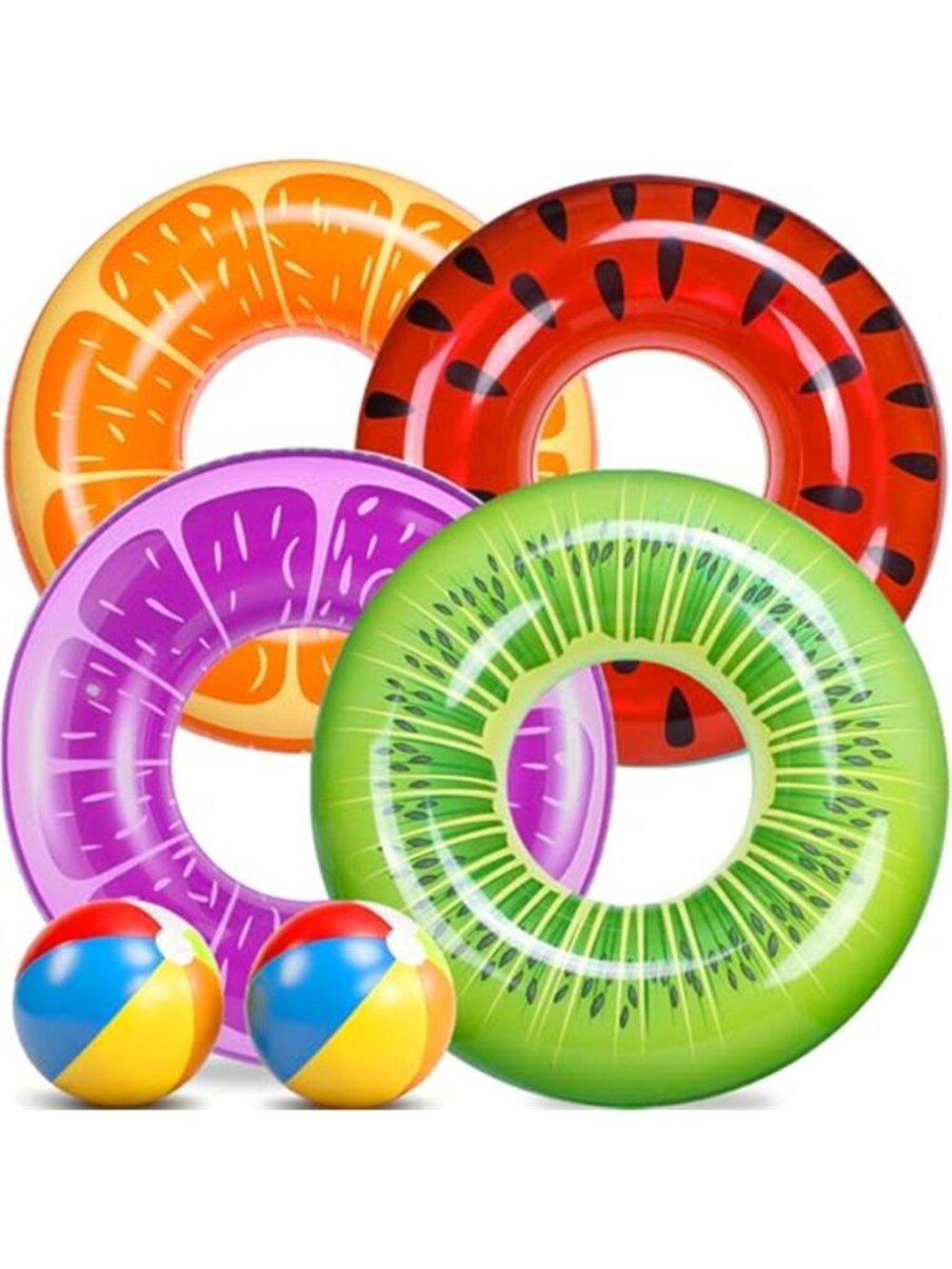 Fruit Pool Float Set Swim Rings Beach Balls Watermelon Orange Kiwi 6 Piece